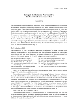 Parerga to the Stadiasmus Patarensis (15): the Road Network Around Kasaba Plain