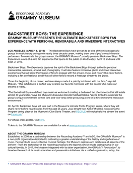 Backstreet Boys: the Experience Grammy Museum® Presents the Ultimate Backstreet Boys Fan Experience with Personal Memorabilia and Immersive Interactives