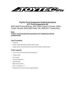 Toytec Front Suspension Install Instructions