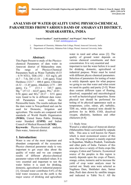 Analysis of Water Quality Using Physico-Chemical Parameters from Various Dams of Amaravati District, Maharashtra, India