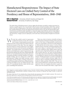 Manufactured Responsiveness: the Impact of State Electoral Laws on Uniﬁed Party Control of the Presidency and House of Representatives, 1840–1940