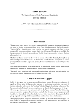 “In the Shadow” the Greek Colonies of North America and the Atlantic 1500 BC – 1500 AD