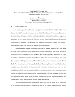 ENOUGH MANNA for ALL (Paper Presented at the Christian Church (Disciples of Christ) Pre-General Assembly’S Panel; Indianapolis, Indiana, July 28, 2009)