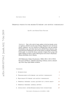 Arxiv:1809.03710V2 [Math.AG] 7 Oct 2019 Riodpout O Ihrkter N Oii Cohomolo Motivic and K-Theory Higher for Products Orbifold Introduction 1 Contents Ouet Math