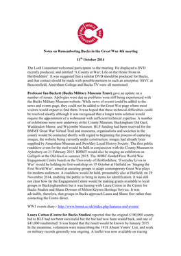 Notes on Remembering Bucks in the Great War Meeting, 29 March 2014