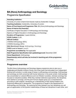 BA (Hons) Anthropology and Sociology Programme Specification