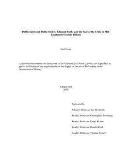 Public Spirit and Public Order. Edmund Burke and the Role of the Critic in Mid- Eighteenth-Century Britain