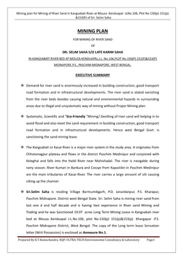 Mining Plan for Mining of River Sand in Kangsabati River at Mouza Kenduapal -Jlno.106, Plot No 150(P) 151(P) &153(P) of Sri