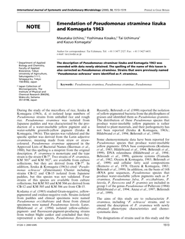 Emendation of Pseudomonas Straminea Iizuka and Komagata 1963