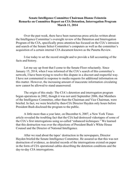 Senate Intelligence Committee Chairman Dianne Feinstein Remarks on Committee Report on CIA Detention, Interrogation Program March 11, 2014