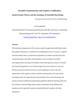 Social Systems Theory and the Sociology of Scientific Knowledge