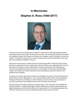 In Memoriam Stephen A. Ross (1944-2017)