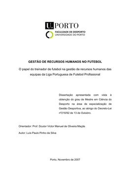 GESTÃO DE RECURSOS HUMANOS NO FUTEBOL O Papel Do Treinador