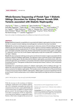 Whole-Genome Sequencing of Finnish Type 1 Diabetic Siblings Discordant for Kidney Disease Reveals DNA Variants Associated with Diabetic Nephropathy