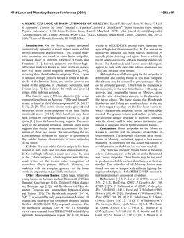 A MESSENGER LOOK at BASIN ANTIPODES on MERCURY. David T. Blewett1, Brett W. Denevi2, Mark S. Robinson2, Carolyn M. Ernst1, Michael E