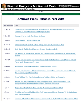 Grand Canyon National Park Media / 2004 Press Release