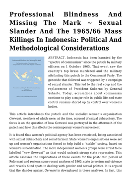 Professional Blindness and Missing the Mark ~ Sexual Slander and the 1965/66 Mass Killings in Indonesia: Political and Methodological Considerations