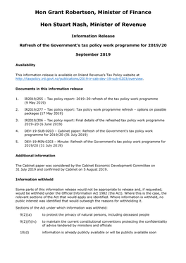 Refresh of the Government's Tax Policy Work Programme for 2019/20