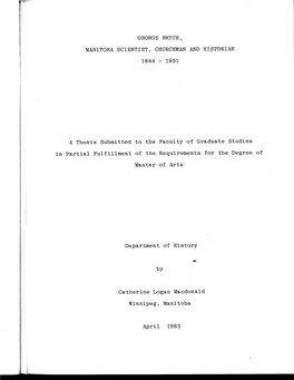 T844 1931 a Thesis Submitted to the Faculty of Graduate Studies Partial