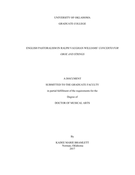 University of Oklahoma Graduate College English Pastoralism in Ralph Vaughan Williams' Concerto for Oboe and Strings a Documen