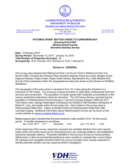 POTOMAC RIVER: MATTOX CREEK to CURRIOMAN BAY Growing Area # 003 Westmoreland County Shoreline Sanitary Survey