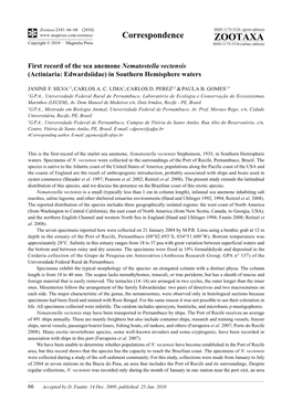 Zootaxa, First Record of the Sea Anemone Nematostella Vectensis