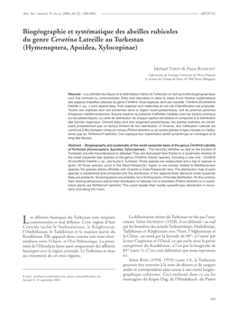 Biogéographie Et Systématique Des Abeilles Rubicoles Du Genre Ceratina Latreille Au Turkestan (Hymenoptera, Apoidea, Xylocopinae)