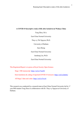 1 Running Head: Descriptive Study of Life After Lockdown a COVID-19 Descriptive Study of Life After Lockdown in Wuhan, China To
