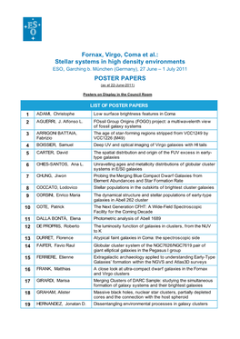 Fornax, Virgo, Coma Et Al.: Stellar Systems in High Density Environments ESO, Garching B