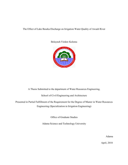 The Effect of Lake Beseka Discharge on Irrigation Water Quality of Awash River