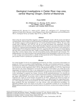 Geological Investigations in Calder River Map Area, Central Wopmay Orogen, District of Mackenzie