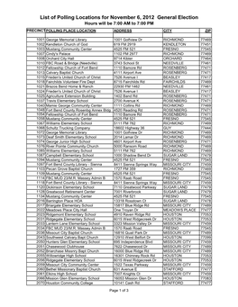 List of Polling Locations for November 6, 2012 General Election Hours Will Be 7:00 AM to 7:00 PM PRECINCTPOLLING PLACE LOCATION ADDRESS CITY ZIP