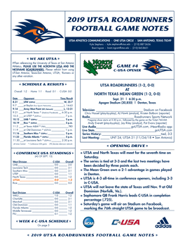 2019 Utsa Roadrunners Football Game Notes