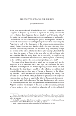 The Angevins of Naples and the Jews Joseph Shatzmiller a Few Years