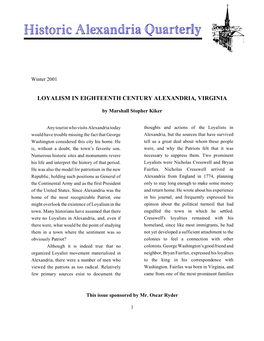 Loyalism in Eighteenth Century Alexandria, Virginia