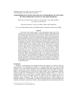 Ethnomedicinal Study Focusing on Anti-Diabetic Plants Used by the Community Living in and Around Dhaka