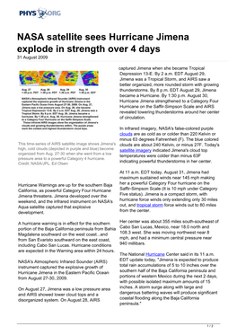 NASA Satellite Sees Hurricane Jimena Explode in Strength Over 4 Days 31 August 2009