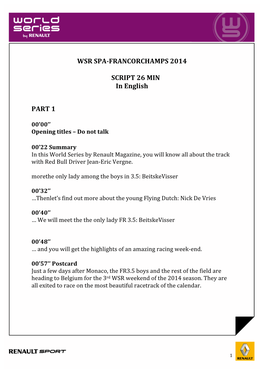 WSR SPA-‐FRANCORCHAMPS 2014 SCRIPT 26 MIN in English