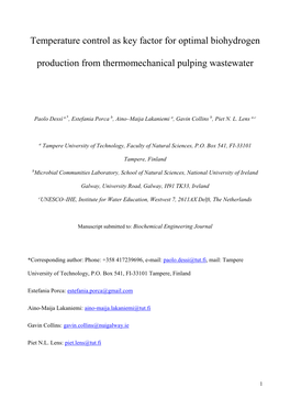 Temperature Control As Key Factor for Optimal Biohydrogen