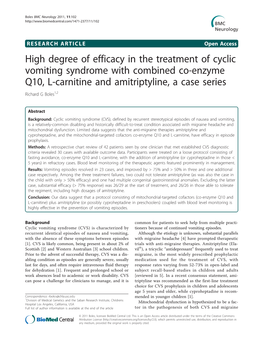 High Degree of Efficacy in the Treatment of Cyclic Vomiting Syndrome with Combined Co-Enzyme Q10, L-Carnitine and Amitriptyline, a Case Series Richard G Boles1,2