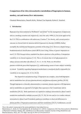 Comparison of In-Vitro Stereoselective Metabolism of Bupropion in Human, Monkey, Rat and Mouse Liver Microsomes