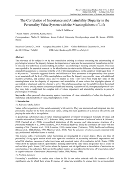 The Correlation of Importance and Attainability Disparity in the Personality Value System with the Meaningfulness of Life