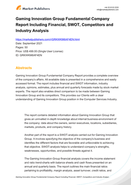 Gaming Innovation Group Fundamental Company Report Including Financial, SWOT, Competitors and Industry Analysis