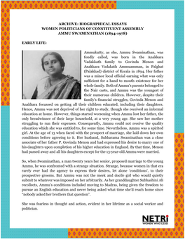 Archive: Biographical Essays Women Politicians of Constituent Assembly Ammu Swaminathan (1894-1978)