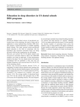 Education in Sleep Disorders in US Dental Schools DDS Programs