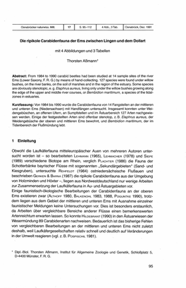 Die Ripikole Carabidenfauna Der Ems Zwischen Lingen Und Dem Dollart Mit 4 Abbildungen Und 3 Tabellen Thorsten Aßmann* 1 Einleit