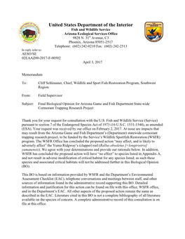 Final Biological Opinion for Arizona Game and Fish Department State-Wide Cormorant Trapping Research Project