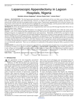 Laparoscopic Appendectomy in Lagoon Hospitals, Nigeria Bamidele Johnson Alegbeleye1α, Akinoso Olujimi Coker 2, Jerome Ohene 3