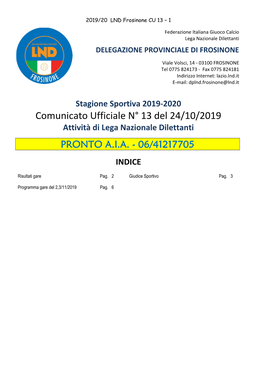 Comunicato Ufficiale N° 13 Del 24/10/2019 Attività Di Lega Nazionale Dilettanti