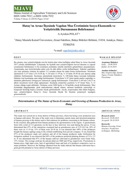 Hatay'ın Arsuz İlçesinde Yapılan Muz Üretiminin Sosyo-Ekonomik Ve